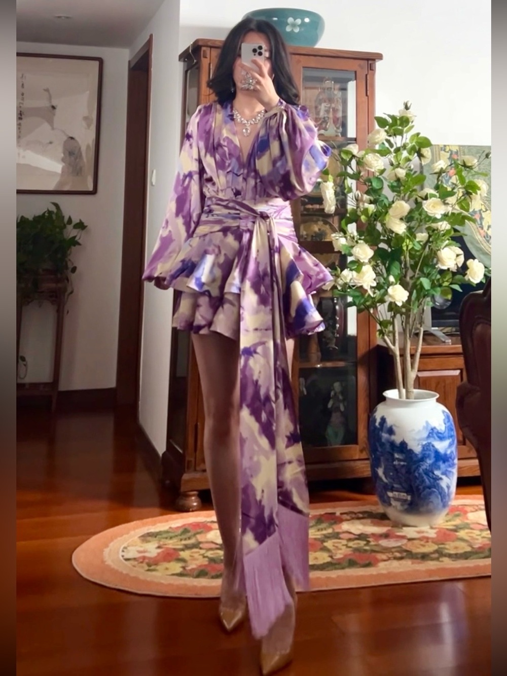 Bronx&Banco Lilac Wisteria Bedouin Satin Ruffle TasselEmbellished Mini Dress M